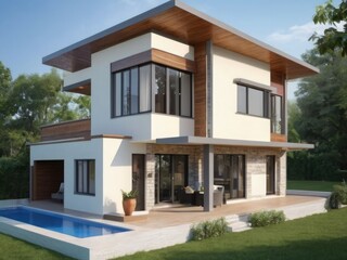 A Modern Dream Home Nestled In Lush Greenery, Showcasing Sleek Architecture And Expansive Windows, Bathed In Warm Sunlight