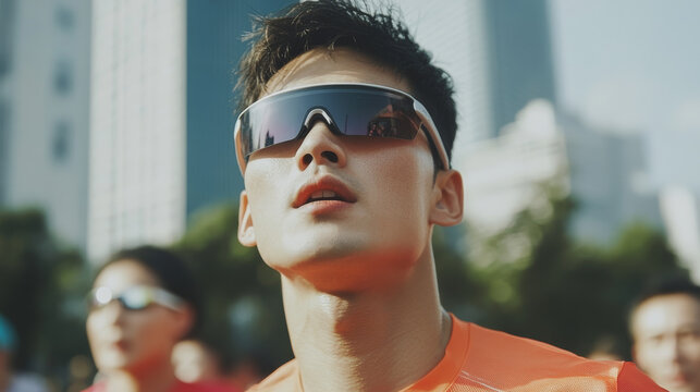 Athlete wearing sunglasses during race, focused and determined expression. background features urban buildings, capturing energy of event
