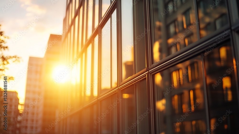 Poster golden sunset reflecting off modern building windows creating a warm and serene urban ambiance : gen