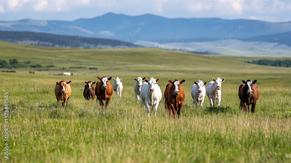 Poster herd of cattle grazing in a lush green field under a blue sky with mountains in the background : gen