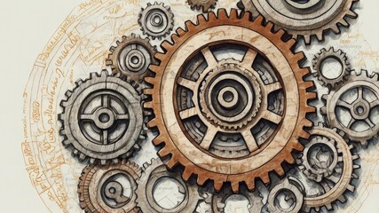 Obraz premium The Intricate Dance Of Times Gears, A Mesmerizing Steampunk Illustration In Warm Sepia Tones