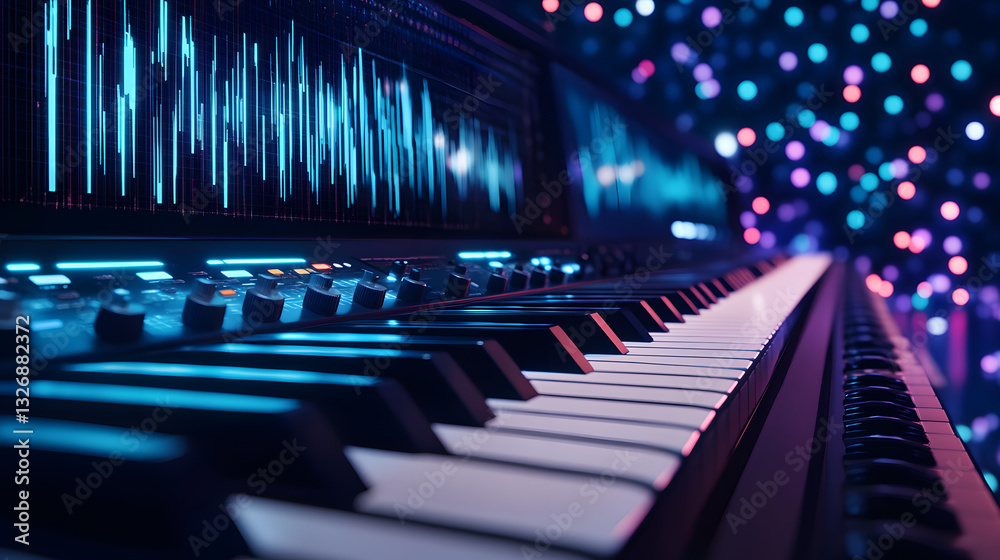 Aufkleber a close-up view of a piano keyboard with colorful lights and soundwave visuals, creating a vibrant a