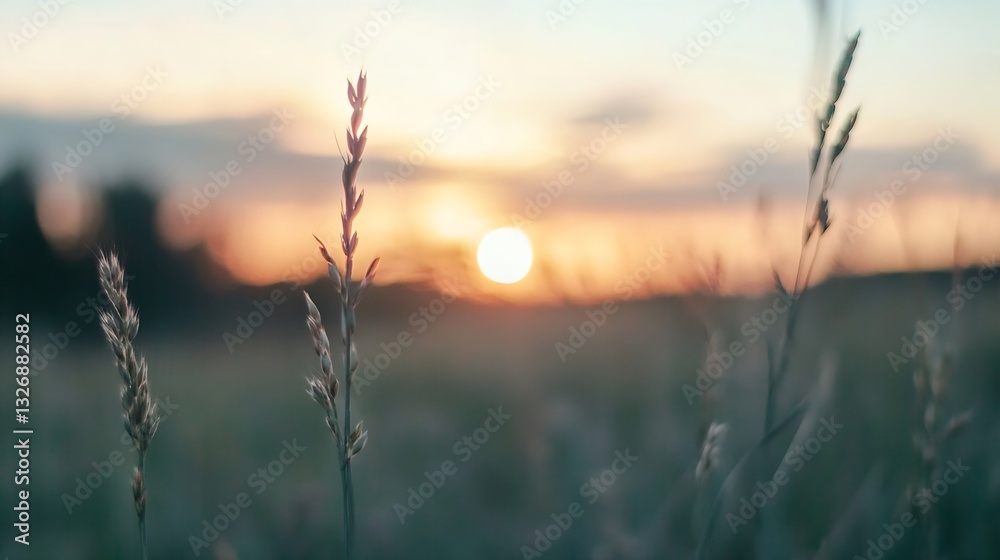 Poster golden sunset peeking through tall grass creating a captivating silhouette against the colorful even