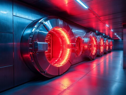 Futuristic Vault Doors: Red Glow in Cyberpunk Data Center, Security and High Tech Architecture with Steel Finish and Neon Lighting Creates a Sense of Impenetrability