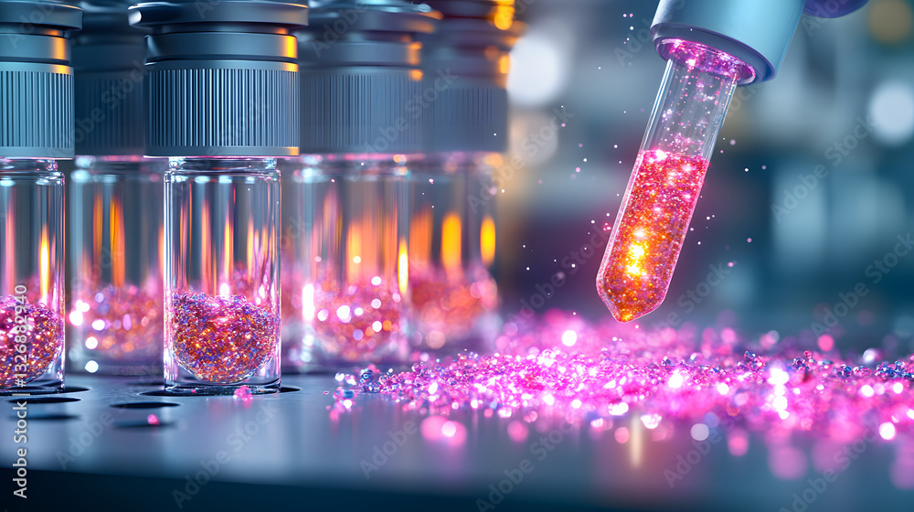 Poster a colorful laboratory scene featuring test tubes and a pipette dispensing vibrant pink liquid, showc