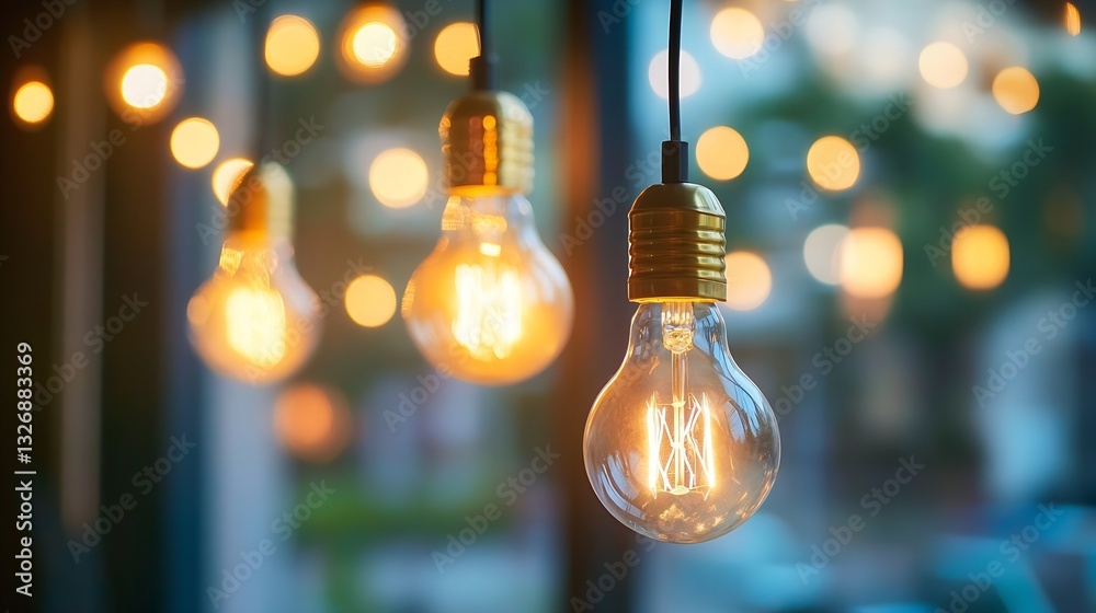 Aufkleber Glowing light bulbs hanging against a blurred bokeh background creating a warm ambiance : Generative AI