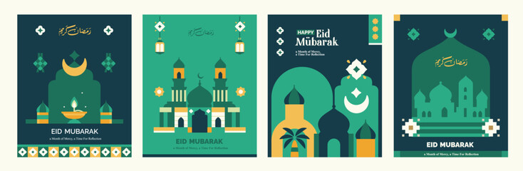 a set of banners, posters, greeting cards and ramadan kareem covers with islamic elements green color, moon, mosque and islamic icons