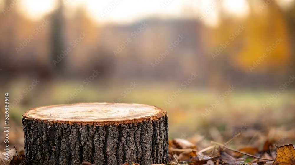 Poster beautifully captured tree stump in the golden hour with autumn leaves creating a serene atmosphere :