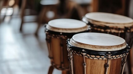 Fototapeta premium Three conga drums in a cozy wooden setting highlighting their craftsmanship and musical potential : Generative AI
