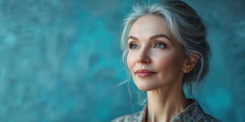 Elegant woman with silver hair gazing thoughtfully against a blue wall backdrop