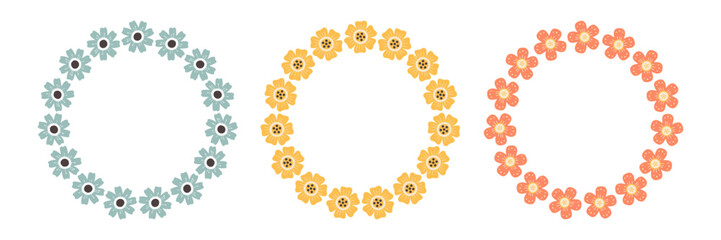 Fototapeta premium Set of three floral wreaths with colorful flowers in a flat style. Perfect for invitations, greeting cards, prints, logos, wedding decor, scrapbooking, and seasonal designs.