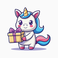 Fototapeta premium Happy unicorn with gift box and confetti rainbow. minimalist head logo, Icon, element. Vector illustration