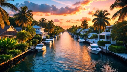 Tranquil sunset over tropical canal city waterfront