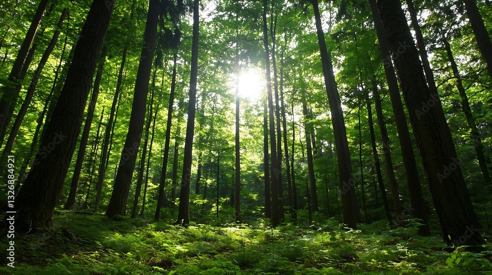 Poster Majestic Sunlight Filtering Through Tall Trees in a Dense Forest with Lush Greenery and Serenity : Generative AI