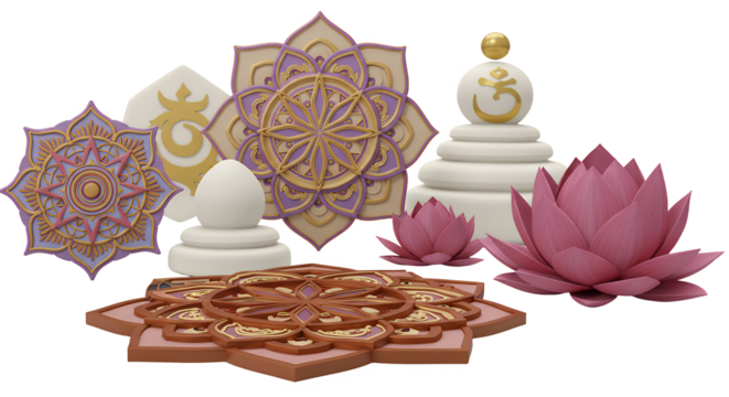 Arrangement of Lotus Flowers with Mandala Designs on a White Background - Powered by Adobe