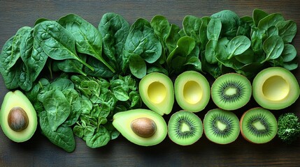 Obraz premium A vibrant arrangement of spinach leaves sliced kiwi and avocado featuring chia seeds and a wooden backdrop. Generative AI