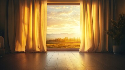 A tranquil room with golden curtains and a stunning view of a sunset over a field and distant mountains