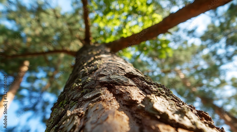 Poster a breathtaking view of a tall tree reaching towards the blue sky with sunlight filtering through lus