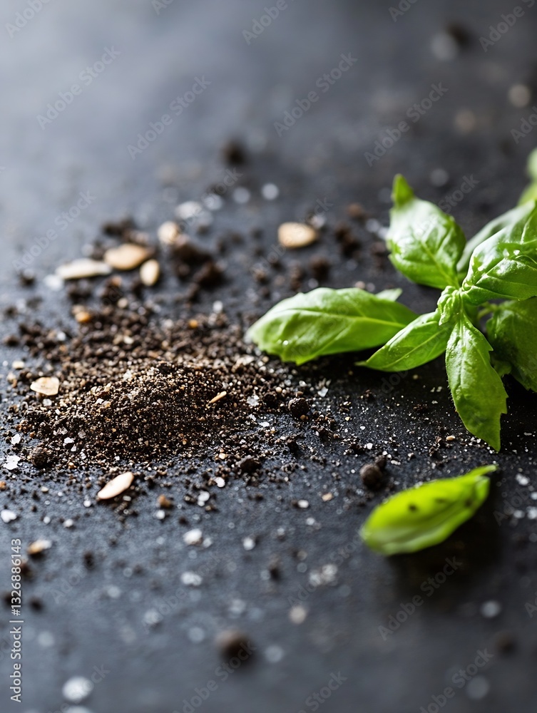 Aufkleber fresh basil leaves and black pepper sprinkled on a dark stone background creating a vibrant culinary