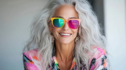 A playful image of a stylish older woman in vibrant sunglasses and a colorful outfit radiates confidence and charm, celebrating individuality in modern fashion.