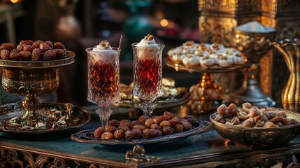 Obraz premium Golden Spiced Drinks and Festive Sweets Table