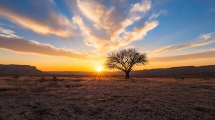 Fototapeta premium Stunning sunset view with a solitary tree silhouetted against the colorful sky at dusk : Generative AI