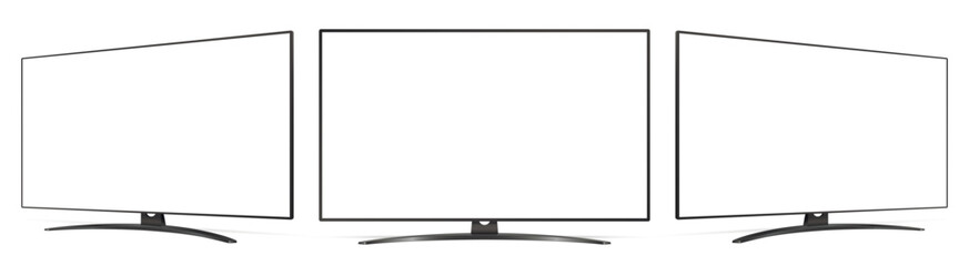 Realistic blank flat screen. TV mockup from angled views