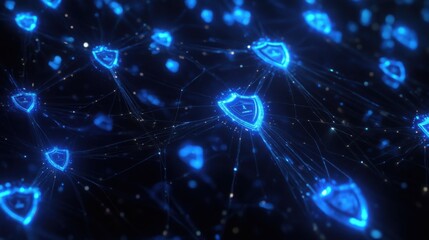 Blue Digital Shield Network with Connected Nodes and Glowing Effects