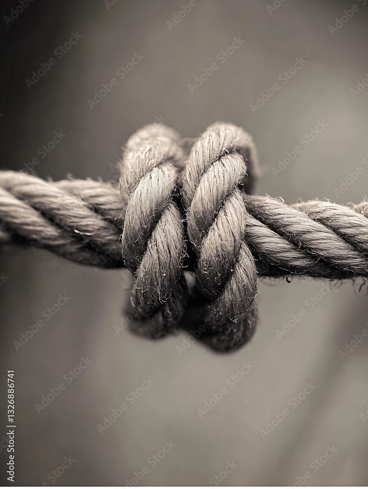 Poster Detailed view of a tightly knotted rope showcasing craftsmanship and texture in a monochromatic style : Generative AI