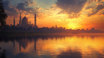 Golden Sunset Over Mosque by the River