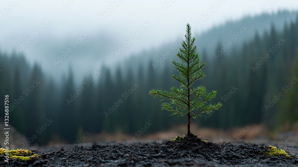 Poster Lonely Evergreen Sapling Growing on Soil with Misty Forest Background : Generative AI