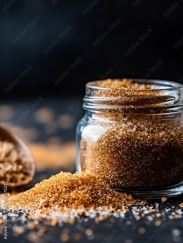 Poster artisan jar filled with golden brown sugar spilling onto a dark surface creating an inviting atmosph