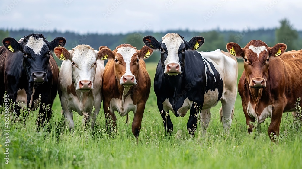 Poster herd of cows standing together under overcast sky in green pasture : generative ai