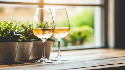 Elegant Wine Glasses on a Cozy Table Surrounded by Lush Green Plants : Generative AI