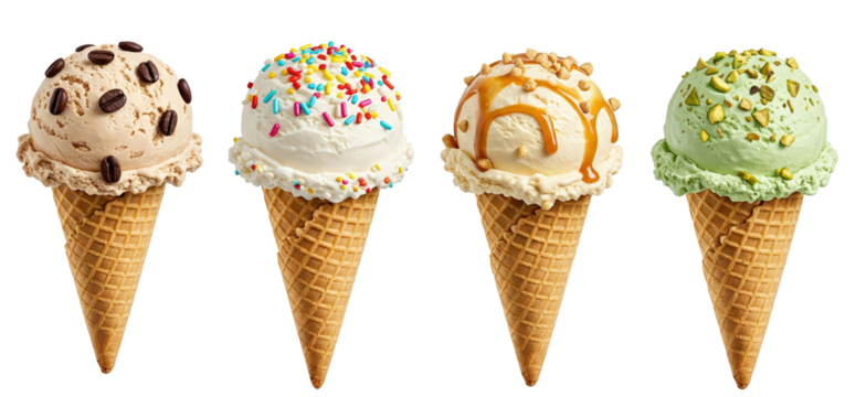 Chocolate chip, Pistachio, Tutti Frutti, Caramel Mango Tangerine, Hazelnut ice cream transparent PNG, isolated background. Waffle cone scoop set, shop menu. Mockup design, icon symbol dessert.