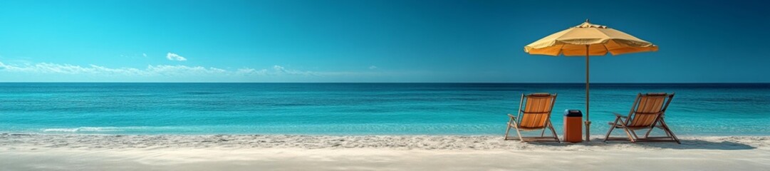 Golden Yellow Umbrella with Beach Chairs and Relaxing Seascape. Generative AI