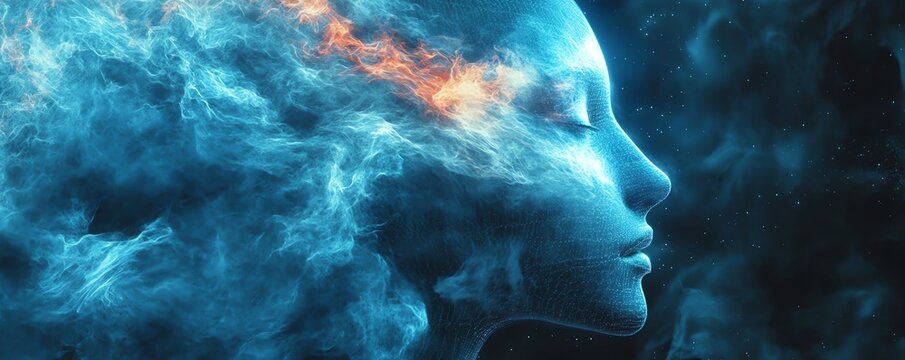 A cosmic AI entity floating in deep space, emitting waves of digital energy