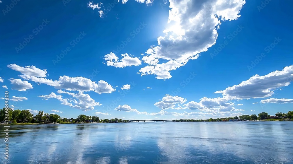 Poster scenic view of tranquil river reflecting bright clouds and blue sky in a peaceful natural setting : 