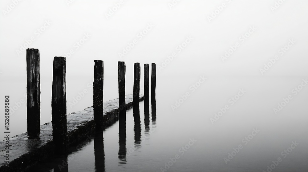 Poster Misty pier extending into calm foggy waters creating a tranquil atmosphere in black and white : Generative AI
