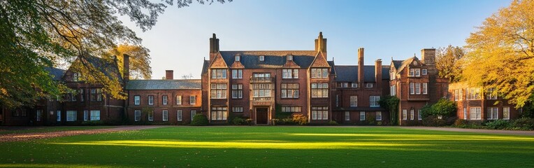 Naklejka premium Modern School Building with Bright Green Lawn