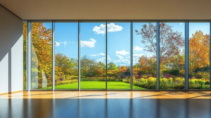 A spacious room with expansive glass windows showcasing a vibrant autumn garden