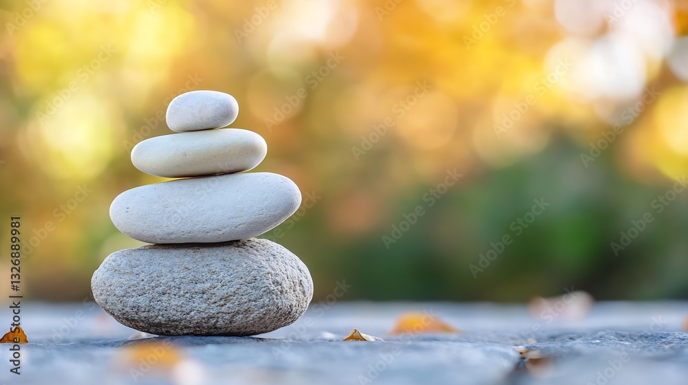 Poster stack of smooth stones symbolizing balance and tranquility against a serene background of nature : g