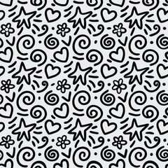 seamless pattern with black flower doodles