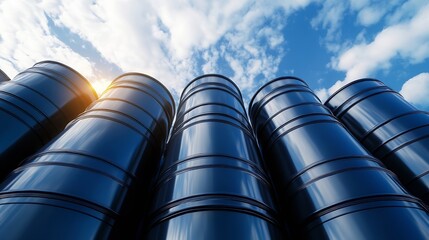 Stunning view of stacked industrial barrels against a bright blue sky during sunset : Generative AI