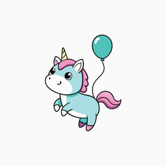 Fototapeta premium Cartoon Fantasy Unicorn Floating with a Balloon. Sweet Pastel Unicorn with a Balloon editable vector stroke saddle icon on white background