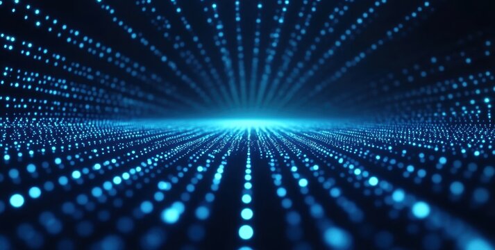 Abstract blue particles flowing from horizon creating big data stream