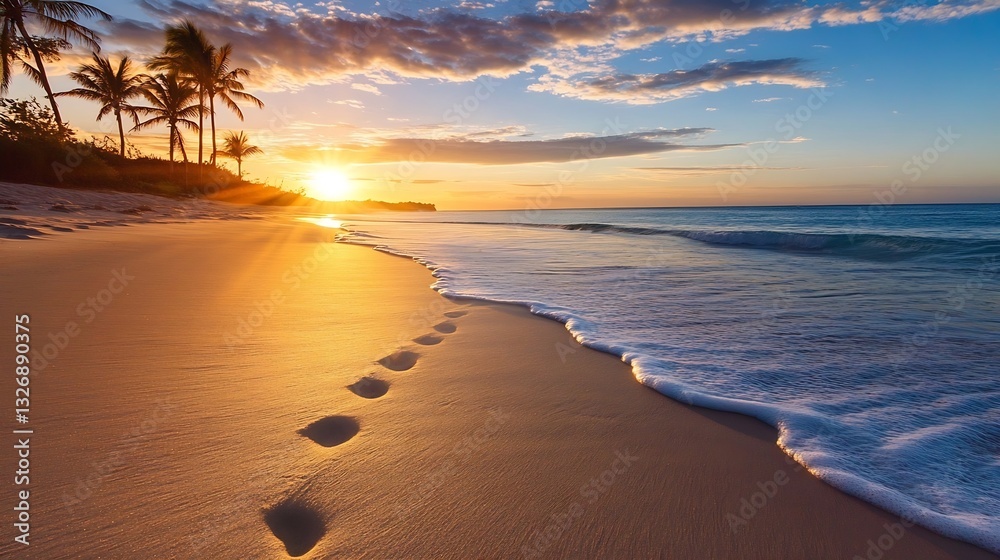 Poster idyllic sunset at a tranquil beach with footprints leading into the soft waves of the ocean : genera