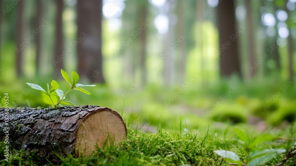 Aufkleber peaceful forest scene with fallen log and fresh green shoots emerging in a sunlit and serene environ