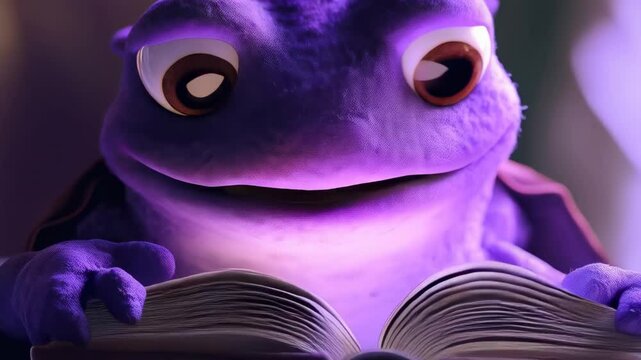 Curious Frog Reading a Storybook in Purple