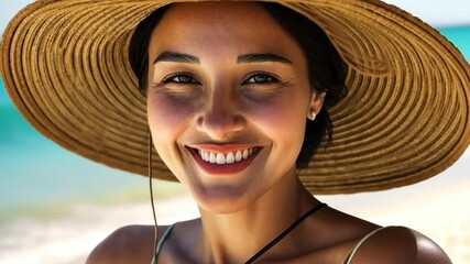 A carefree young woman enjoys a perfect beach day, radiating joy in a stylish widebrimmed hat. The gentle ocean waves enhance her delight in this idyllic setting, embodying leisure and freedom